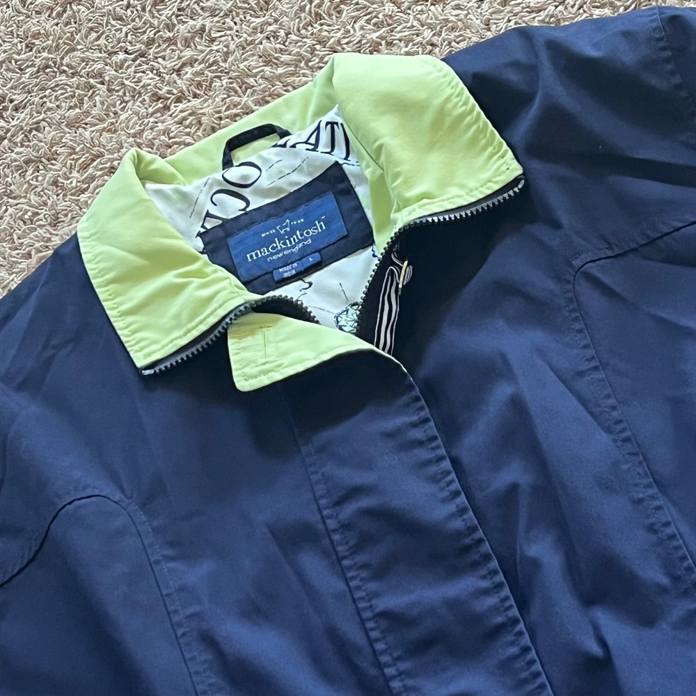Mackintosh New England Navy Blue Rain Jacket‎ Lime Green Trim Nautical Lining L